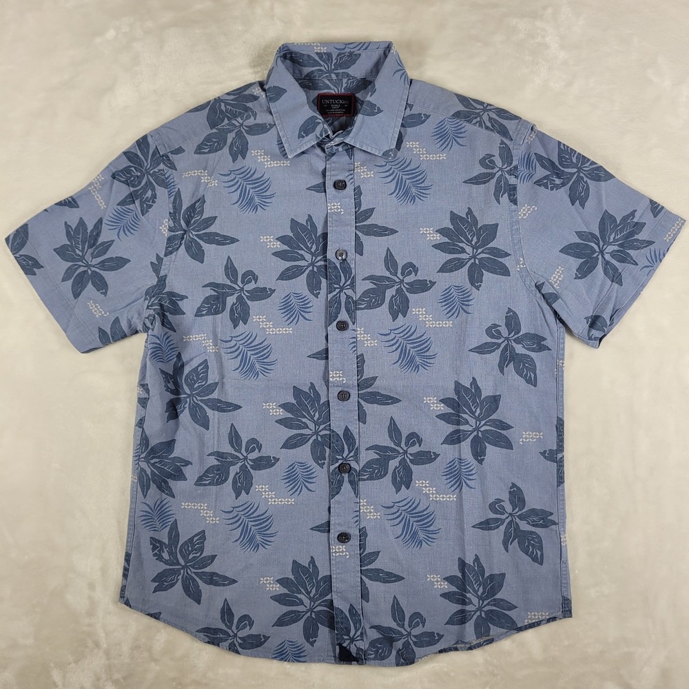 UNTUCKit Short Sleeve Shirt Men's Small Blue Linen Blend Slim Fit Floral‎ Casual